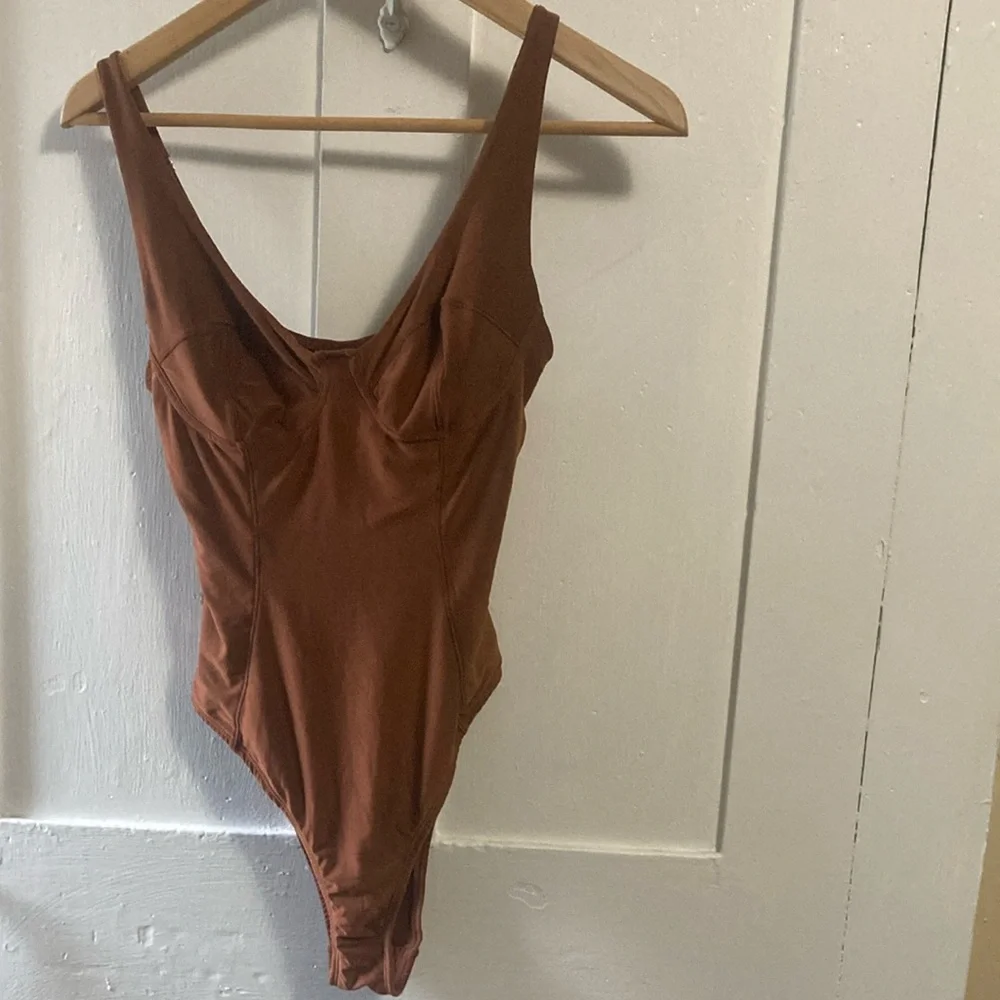 HAH We Are Brown Bodysuit One Piece with Scoop Neck and High-Cut Legs - Picture 1 of 9